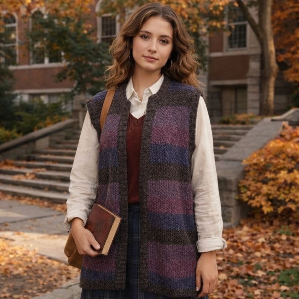 Townhouse Purple Blue Knit‎ Sweater Vest Open Front Fuzzy Wool Blend Size XL